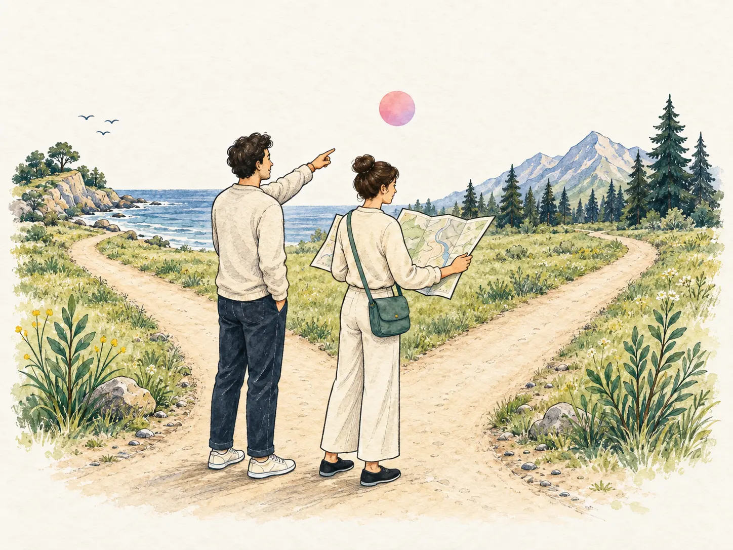 Watercolor illustration: two people at a crossroads reading a map together, a glowing orb in the sky above the path ahead