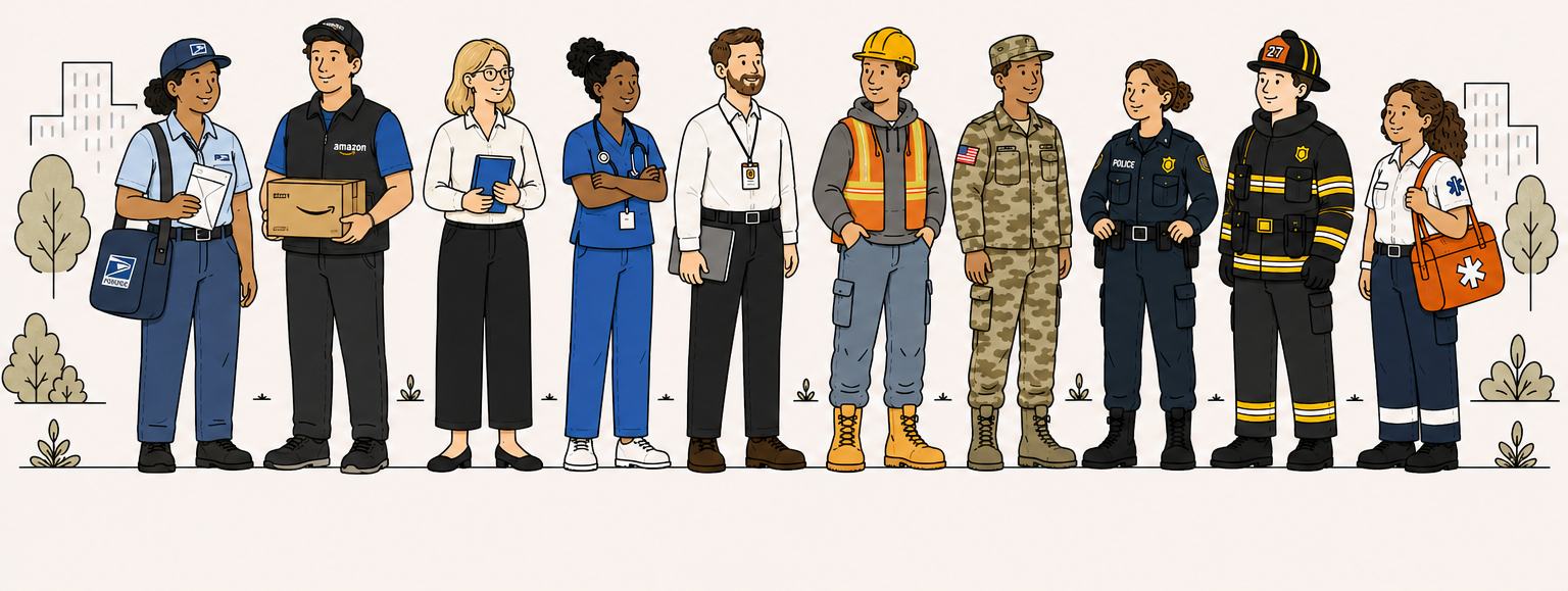 Illustration of everyday working people standing together before a cityscape — a mail carrier, delivery driver, teacher, nurse, office worker, tradesperson, service member, police officer, firefighter, and EMT