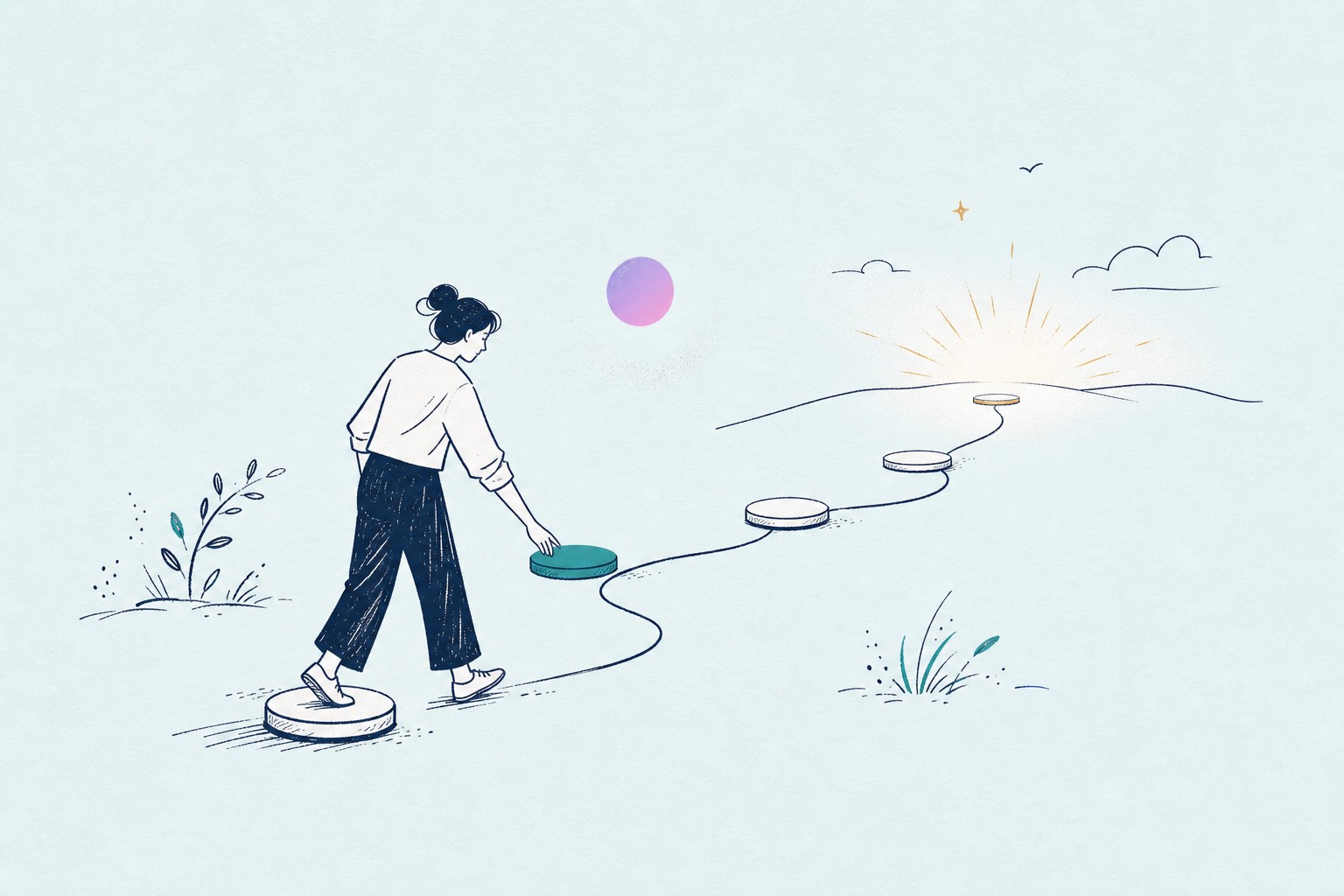 Line-art illustration: a person places teal stepping stones along a winding path toward a sunrise, while a softly glowing orb floats ahead as a guide
