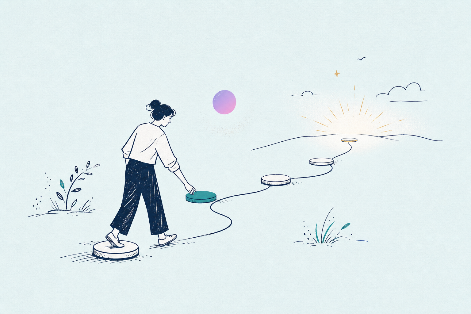 A person stepping across stones toward a sunrise, guided by a glowing orb