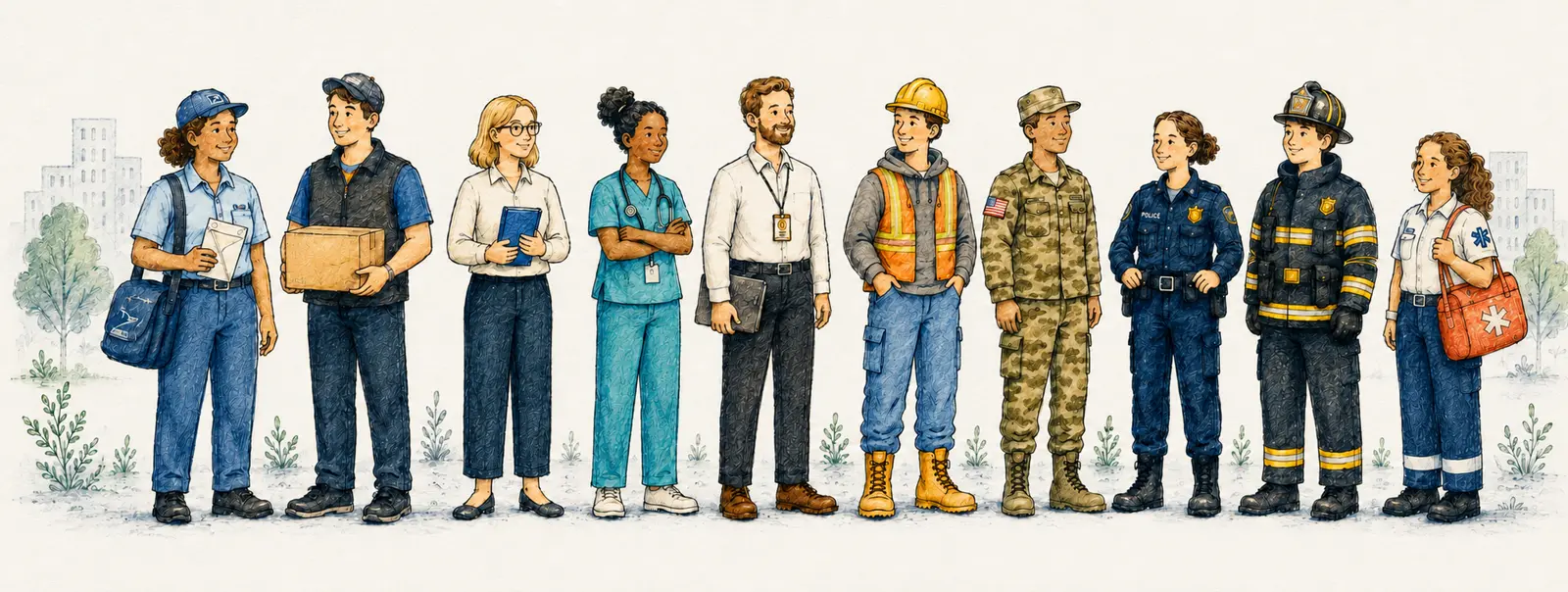 Ink-and-wash illustration of everyday Americans standing shoulder to shoulder — a mail carrier, a delivery driver, a teacher, a nurse, an office worker, a construction worker, a service member, a police officer, a firefighter, and an EMT.